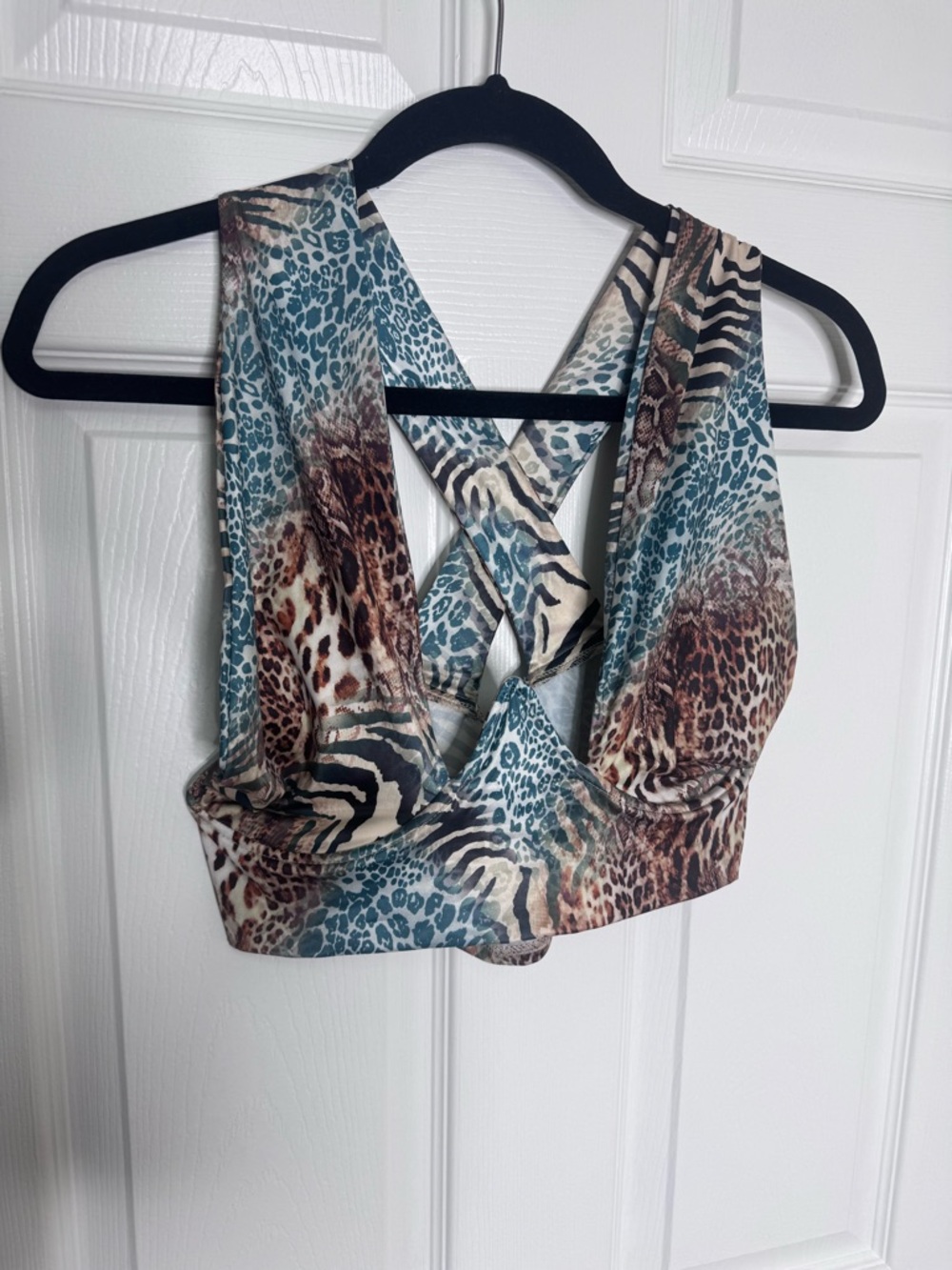 SHEIN Teal and Brown Animal-Print Crossback Crop Top